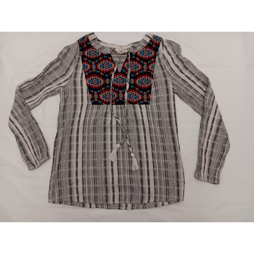 Savanna Jane Embroidered Tunic Top Black White Stripe Tie Neck Women's Size S